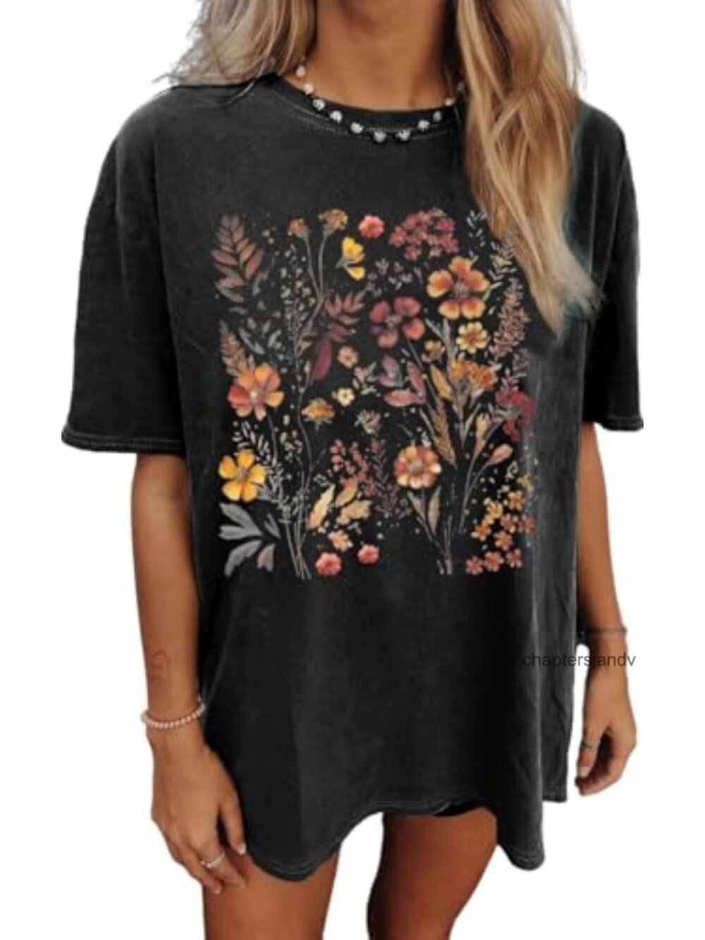 Oversized Flower Graphic T-Shirt, Cotton Blend, Short Sleeve, Crew Neck, Casual